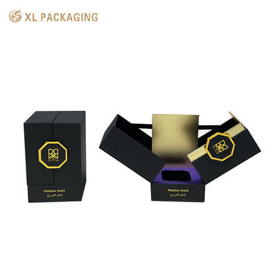 kaufen Doppeltürige magnetische Verschluss-Parfüm-Papierbox Schwarz-Gold Luxus-Finish EVA-Schaumstoff-Einsatz Online-Herstellung