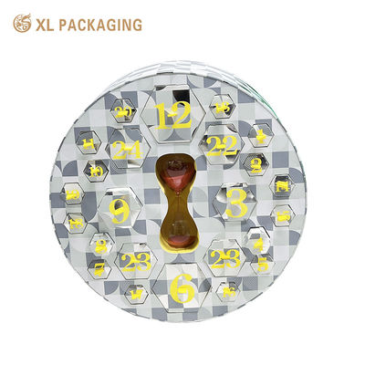 kaufen Kundenspezifische runde Adventskalenderbox mit 24 hexagonalen Kartenkästen, gelbflockigen Blister-Einsatz und Silberfolie-Stempel Online-Herstellung