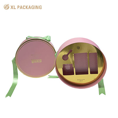 kaufen Runde zweiteilige Kosmetik-Geschenkbox mit Deckel und Boden, Nude-Pink-Rigid-Box mit Goldfolienprägung und grünem Satinband und PET-Einsatz Online-Herstellung