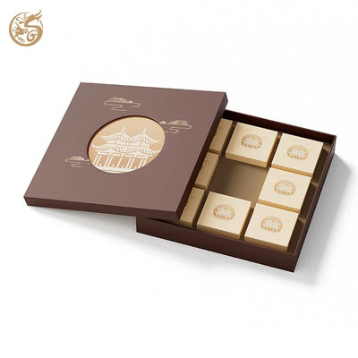 kaufen Benutzerdefinierte 2-teilige Mondkuchen-Geschenkbox, braune Himmel-und-Erde-Deckel-Rigidbox mit ausgeschnittenem Pavillon-Design und Kartoneinlage Online-Herstellung
