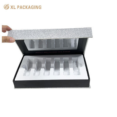 Luxus Silber Glitter Magnetgeschenkbox mit Spiegel und anpassbarem PVC-Tray für kosmetische Verpackungen