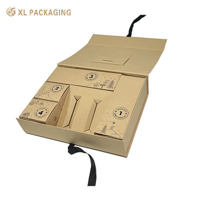 Umweltfreundliche, zusammenklappbare Kraftpapiergeschenkbox mit schrägem Tray und Bandverschluss