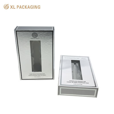 Custom Logo Magnet Kosmetik Geschenkbox mit mattem Lamination PVC-Fenster und weiße Flocking-Tray für Anti-Aging Serum Verpackung