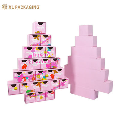 Custom Weihnachtsbaum Form Advent Kalenderbox, 7 Schichten Struktur, 24pcs 350gsm rosa Kartenzieher, Matte Oberfläche für Nagellack & Beauty Geschenk Set