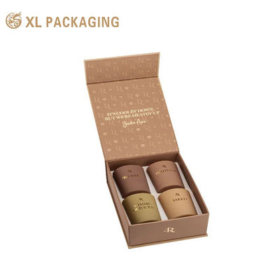 Magnetische Flip-Book-Kerzen-Geschenkbox mit individuellem Logo, 4er-Pack luxuriöse braune Papierverpackungsbox mit individuellem Einsatzfach für Duftkerzen-Kosmetik-Geschenkverpackungen