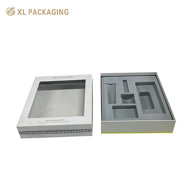 Factory Custom Zwei Stücke starre Fenster Geschenkbox Band Bogen, Custom Grau Flocked Blister Einfügen Für Hautpflege Kosmetikverpackung