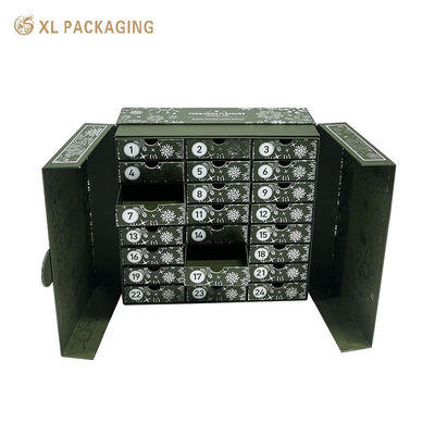 Custom Doppeltür Adventskalenderbox mit magnetischem Verschluss und 24 Schubladen mit voller leuchtender Silberfolie