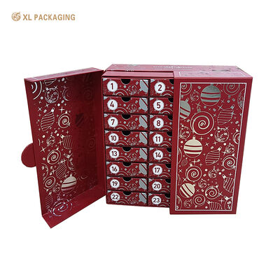 Luxury Red Advent Calendar Box with Full Silver Hot Stamping and Magnetic Closure for 24 Independent Drawers